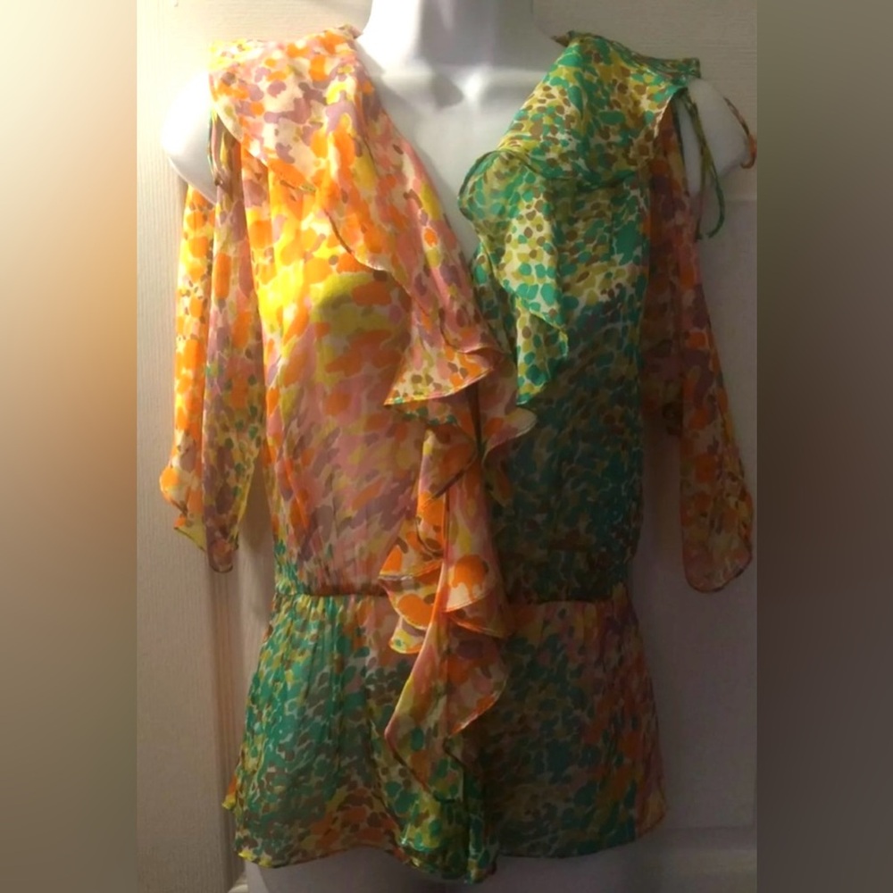Original MILLY New York Silk Ruffle Blouse Colorful Peplum Top Shirt Pink Orange